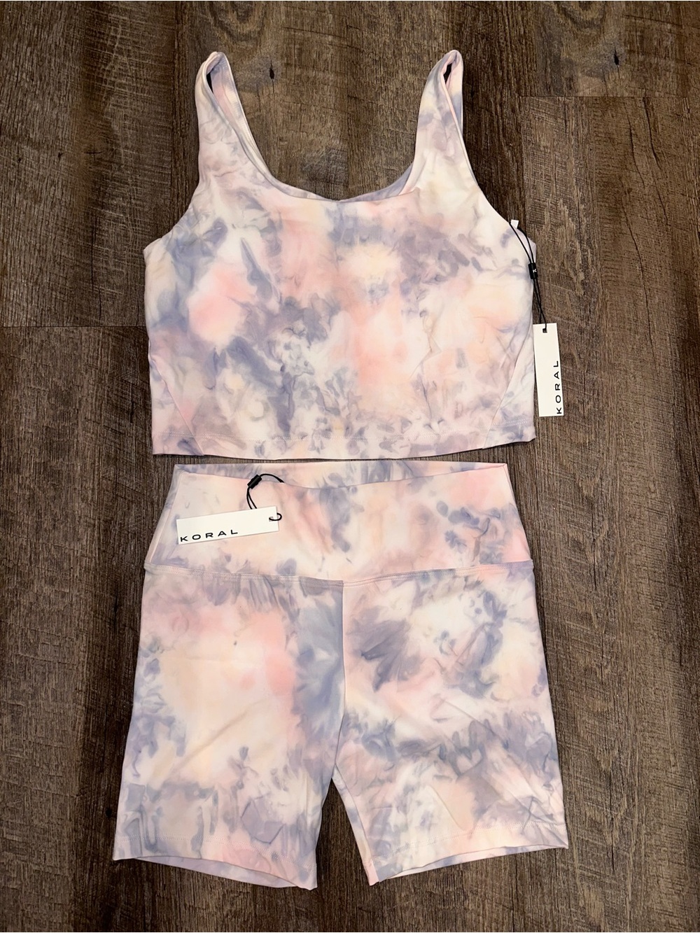 Koral Pastel Pink & Lavender Tie-Dye Sports Bra and Bike Shorts Set